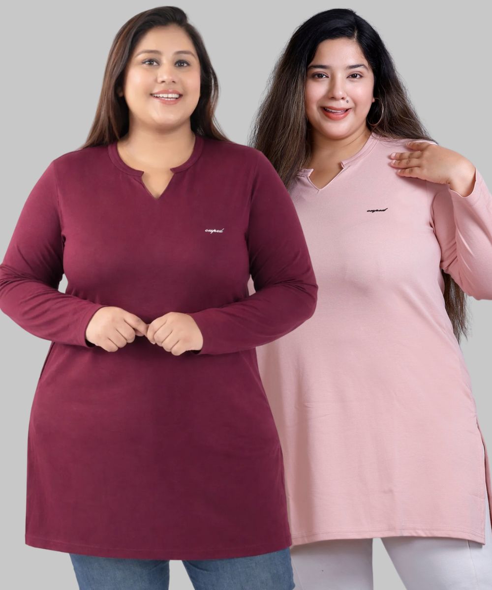 Plus Size Full Sleeves Long Tops For Women - Pack of 2 (Wine & Blush peach)