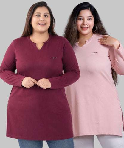 Plus Size Full Sleeves Long Tops For Women - Pack of 2 (Wine & Blush peach)