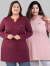 Plus Size Full Sleeves Long Tops For Women - Pack of 2 (Wine & Blush peach)