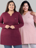 Plus Size Full Sleeves Long Tops For Women - Pack of 2 (Wine & Blush peach)