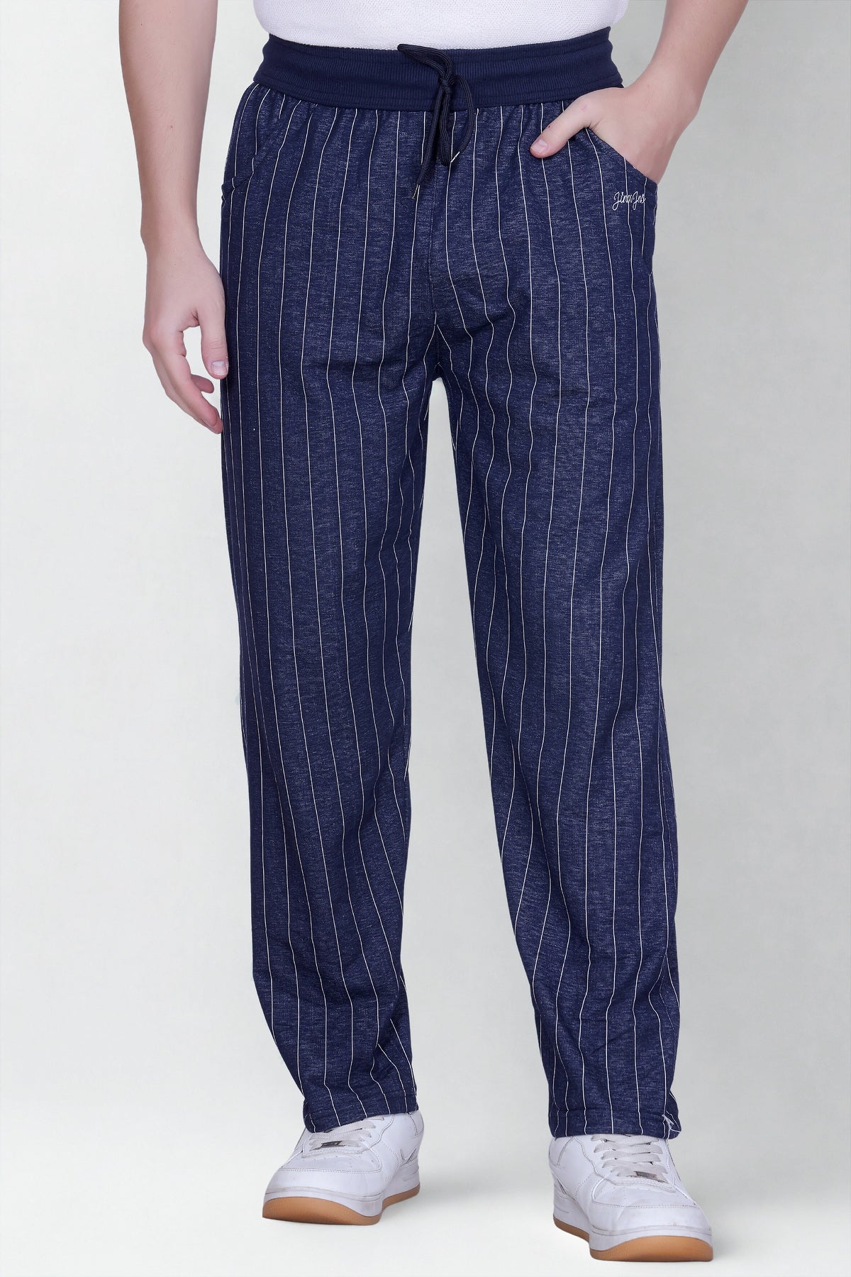 Jinxer Men’s Striped Straight-Fit Cotton Trackpant -Navy Blue