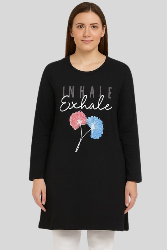 Cotton Long Top for Women Plus Size - Full Sleeve - Black