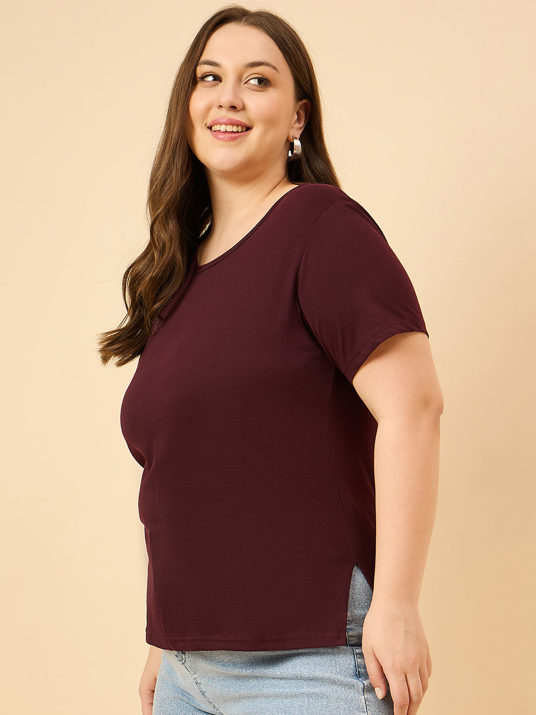 Plus Size Plain Cotton T-Shirt For Women - Wine