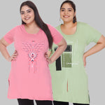 Plus Size Long T-shirts For Women - Half Sleeve - Pack of 2 (Green & Blush Pink)