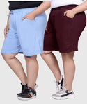 Plus Size Cotton Shorts For Women - Plain Bermuda Combo (Sky Blue & Wine)