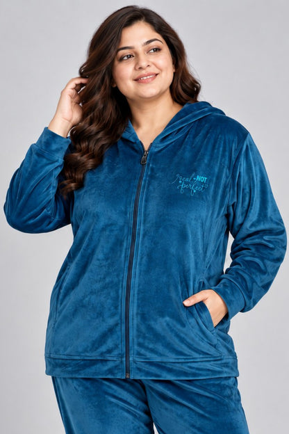 Winter Cotton Velour Tracksuit Set For Woman -Blue Velvet