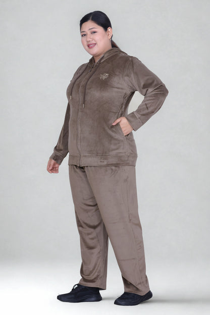 Winter Cotton Velvet Tracksuit For Women - Mocha