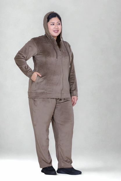 Winter Cotton Velvet Tracksuit For Women - Mocha