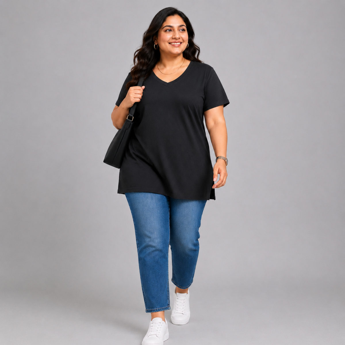 Woman Cotton Lycra V-Neck  Active Tees – Black