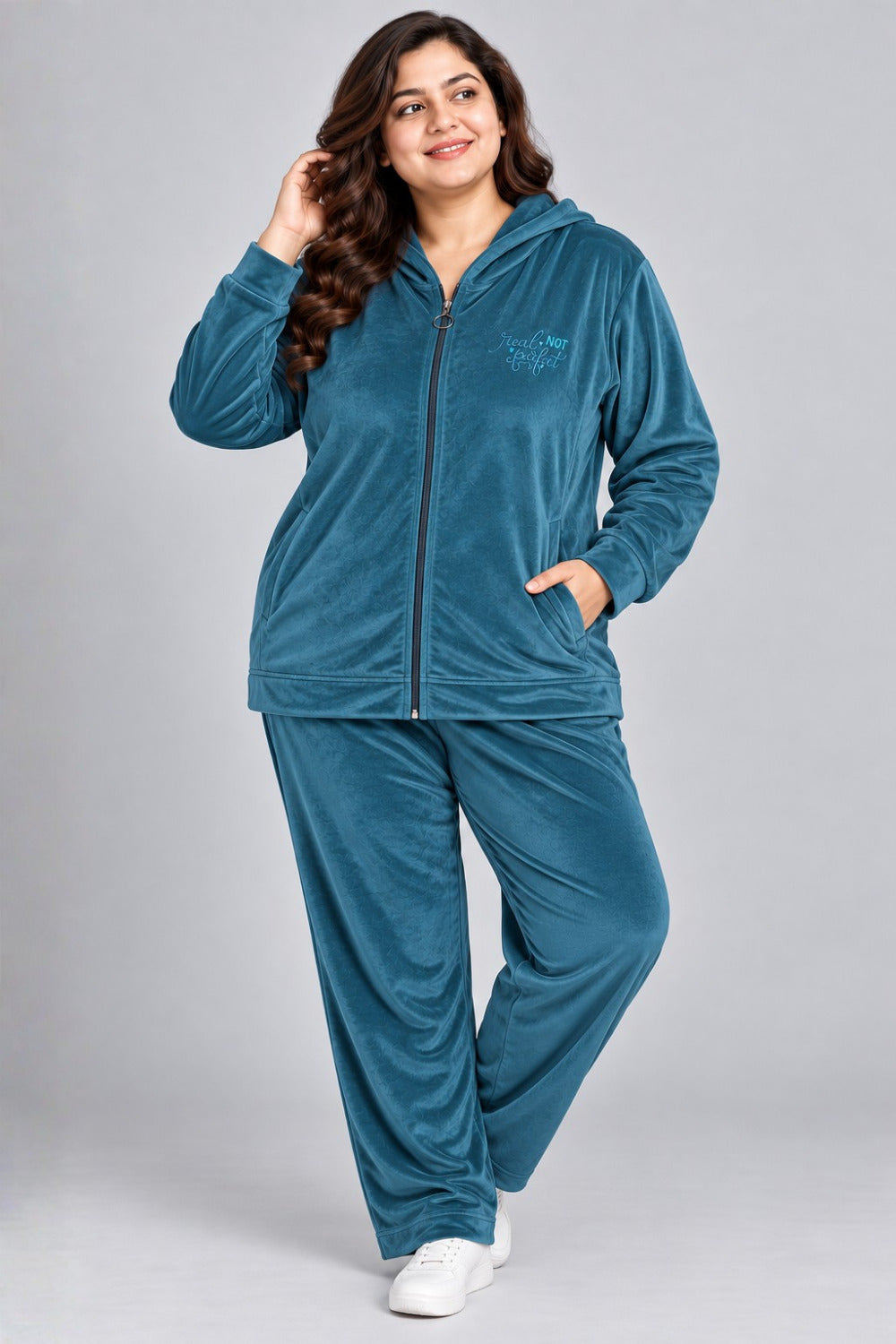 Winter Cotton Velour Tracksuit Set For Woman -Peacock Blue