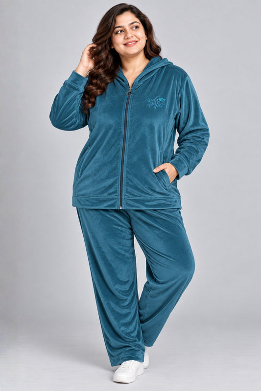 Winter Cotton Velour Tracksuit Set For Woman -Peacock Blue