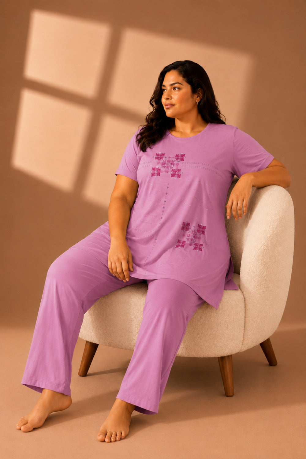 Woman Cotton Floral Printed Tshirt & Pajama Set-Lounge Wear