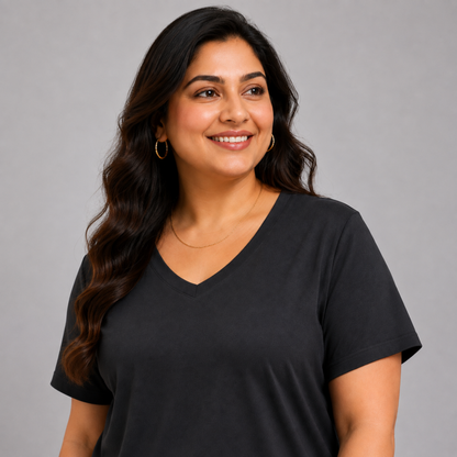 Woman Cotton Lycra V-Neck  Active Tees – Black