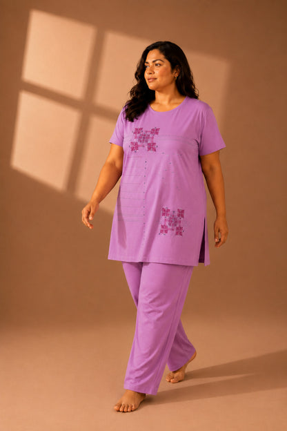 Woman Cotton Floral Printed Tshirt & Pajama Set-Lounge Wear