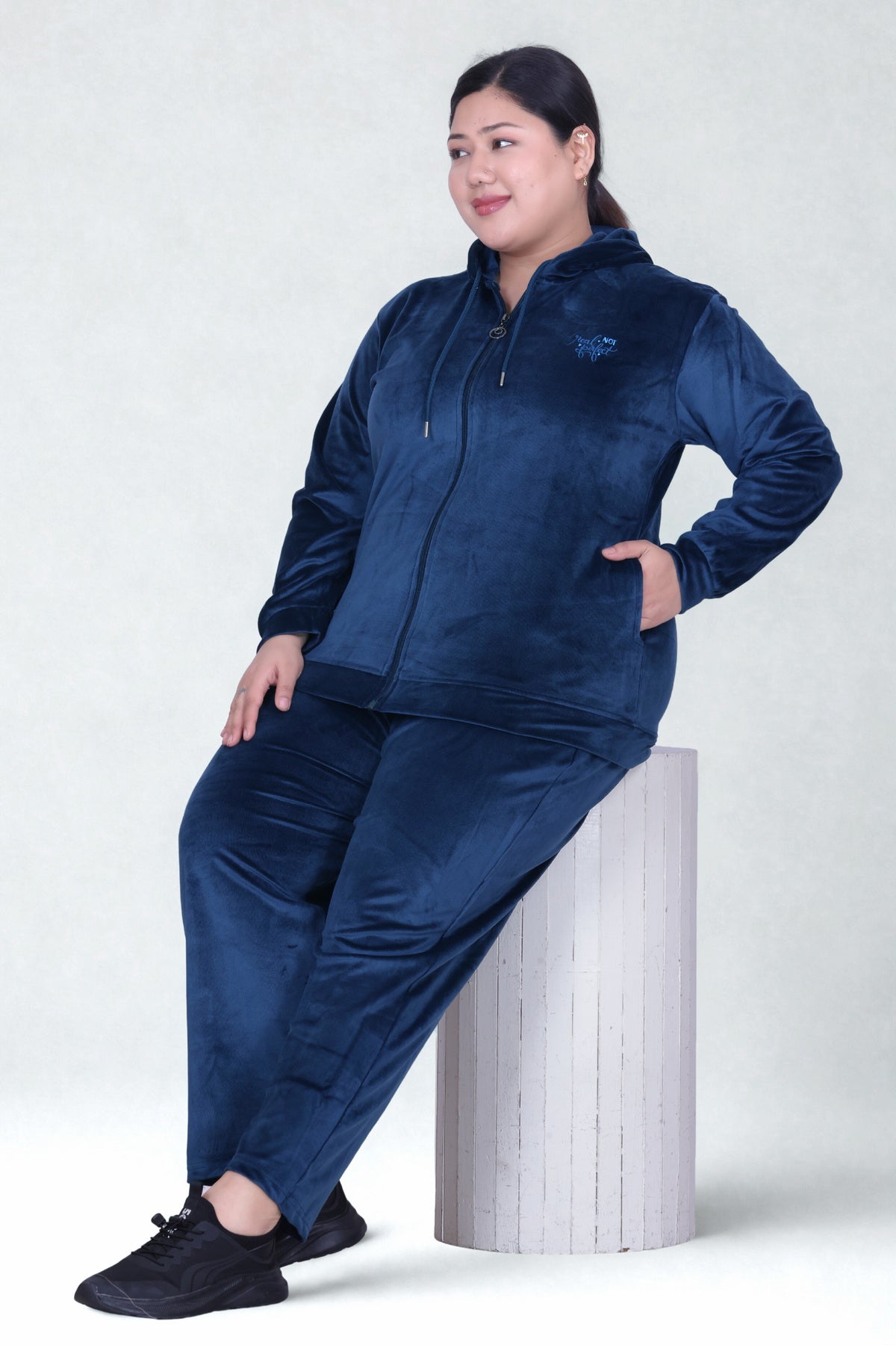 Winter Cotton Velour Tracksuit Set For Woman -Peacock Blue