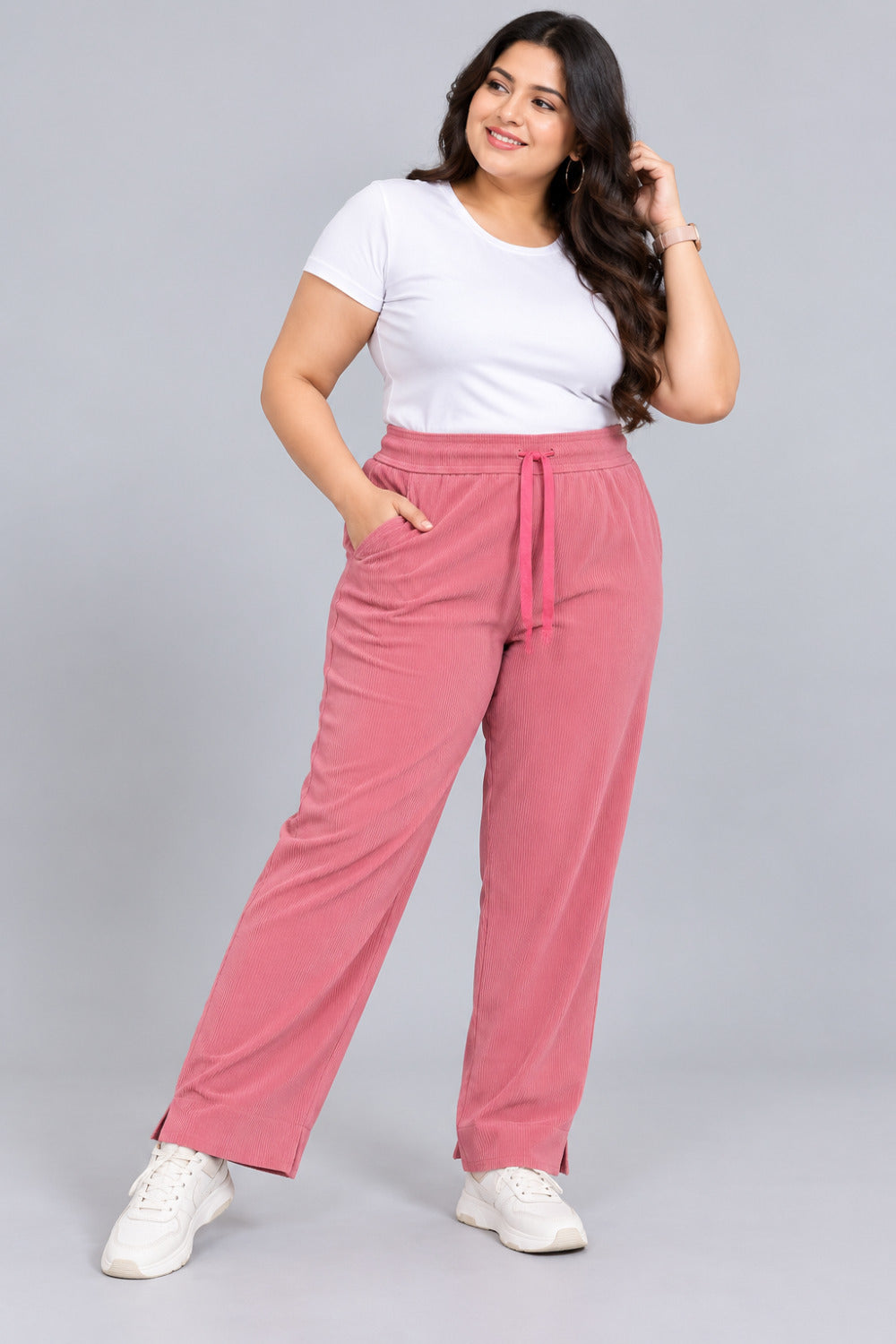 Women’s Ribbed Knit Track Pants / Relaxed Lounge Joggers with Drawstring