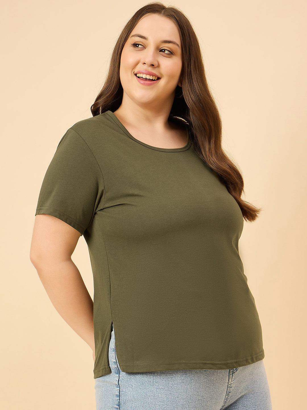 Plus Size Plain Cotton T-Shirt For Women - Olive Green