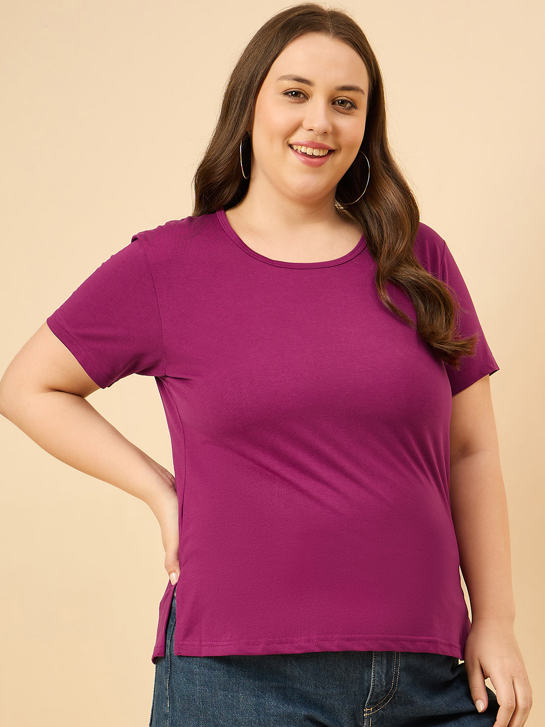 Plus Size Plain Cotton T-Shirt For Women - Purple