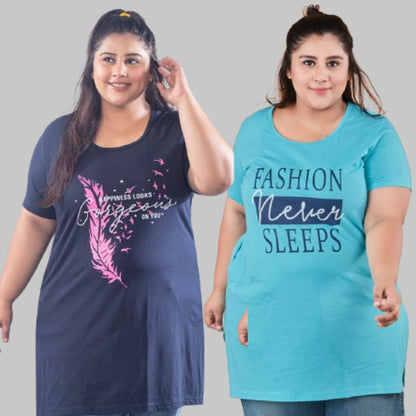 Plus Size Long T-shirts For Women - Half Sleeve - Pack of 2 (Navy & Turquoise)