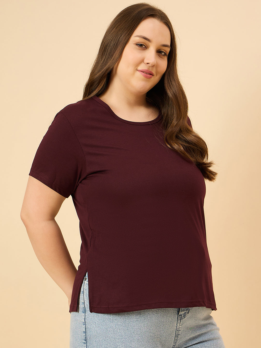 Plus Size Plain Cotton T-Shirt For Women - Wine