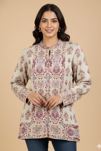 Jacquard Knit Warm Woollen Cardigan - Off White