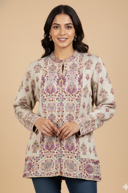 Jacquard Knit Warm Woollen Cardigan - Off White