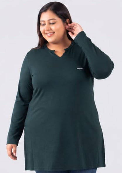 Plus Size Full Sleeves Long Top For Women - Bottle Green