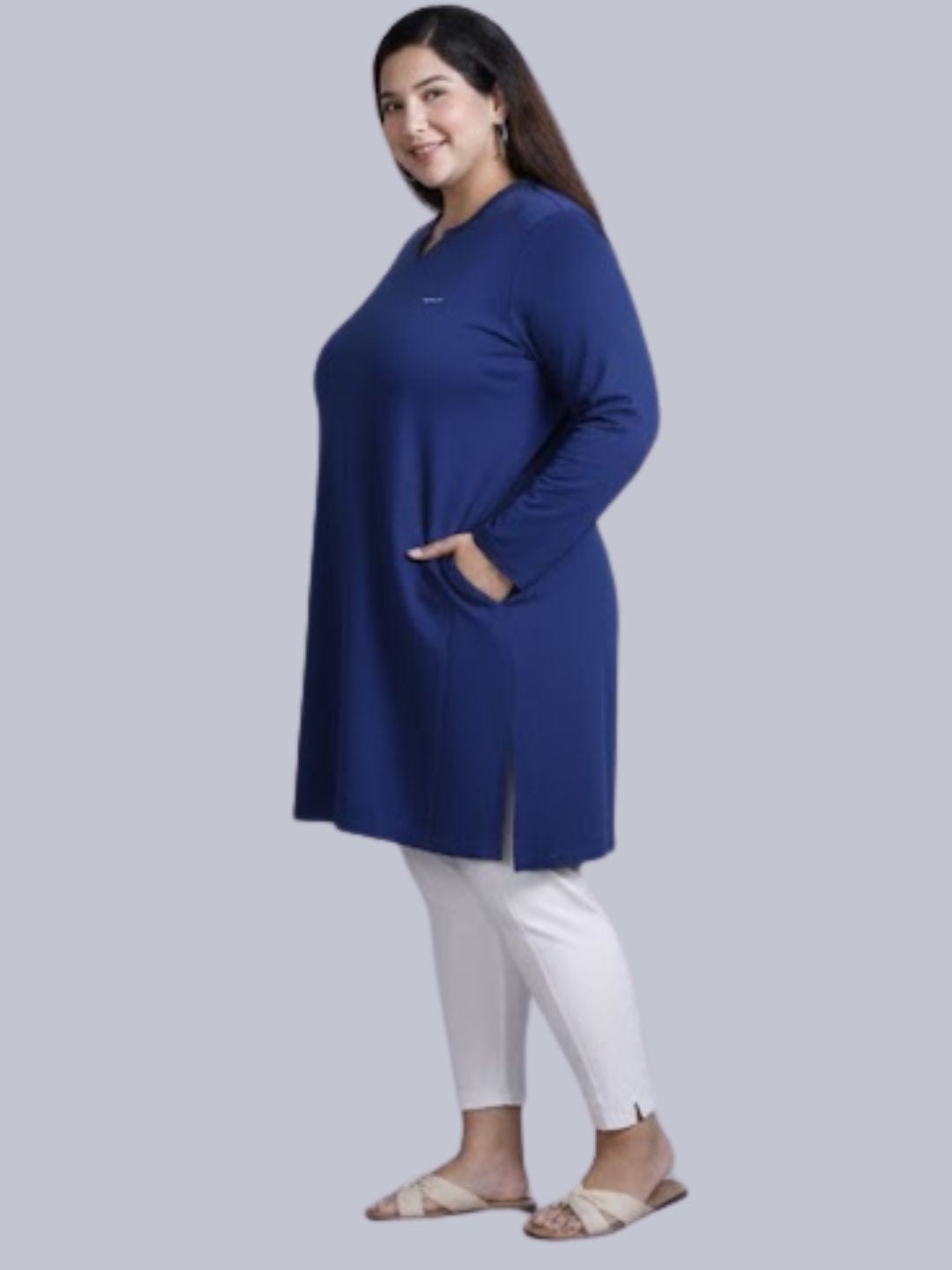 Plus Size Full Sleeves Long Top For Women -Prime Blue