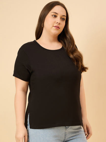 Plus Size Plain Cotton T-Shirt For Women - Black