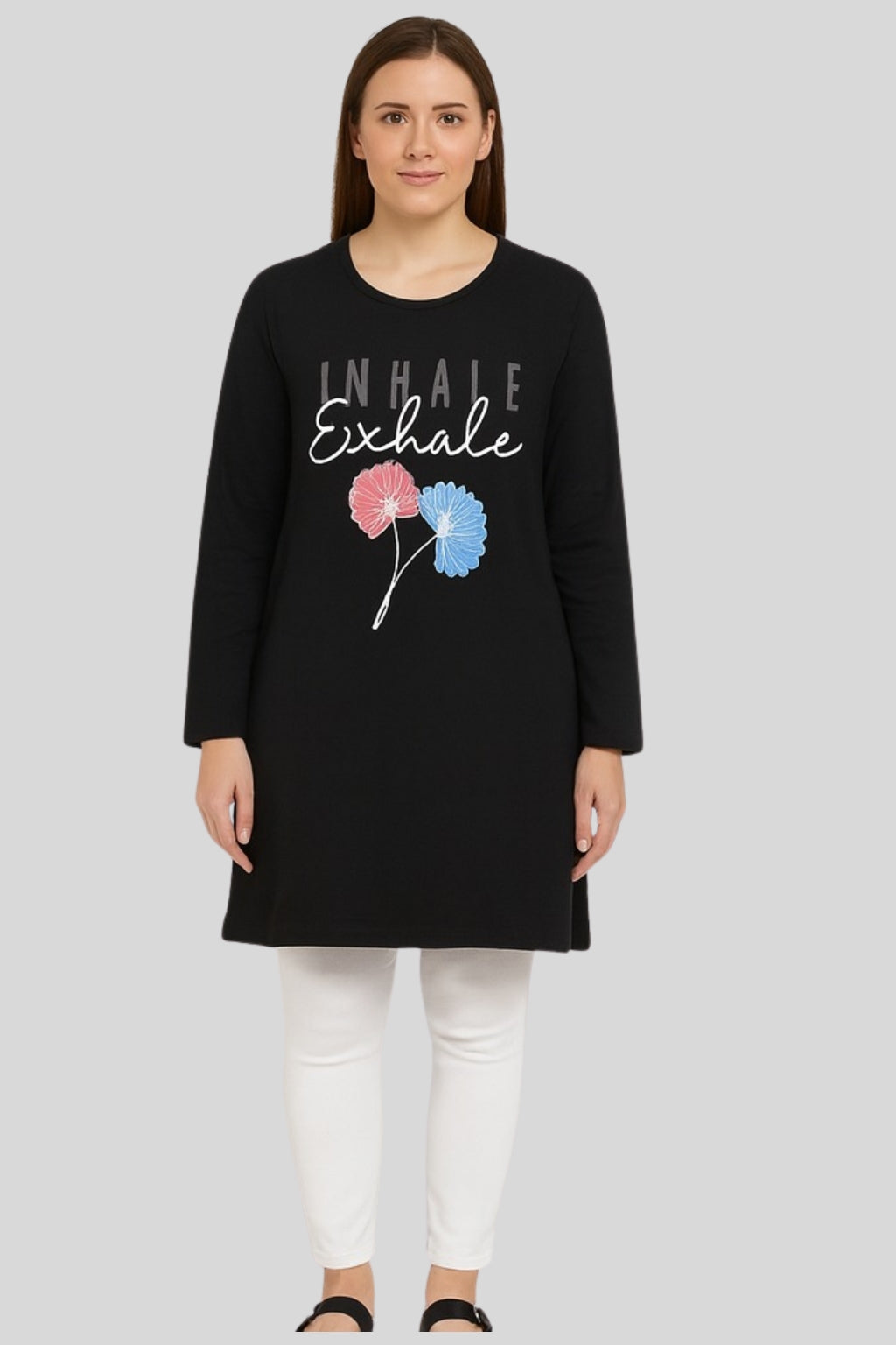 Cotton Long Top for Women Plus Size - Full Sleeve - Black