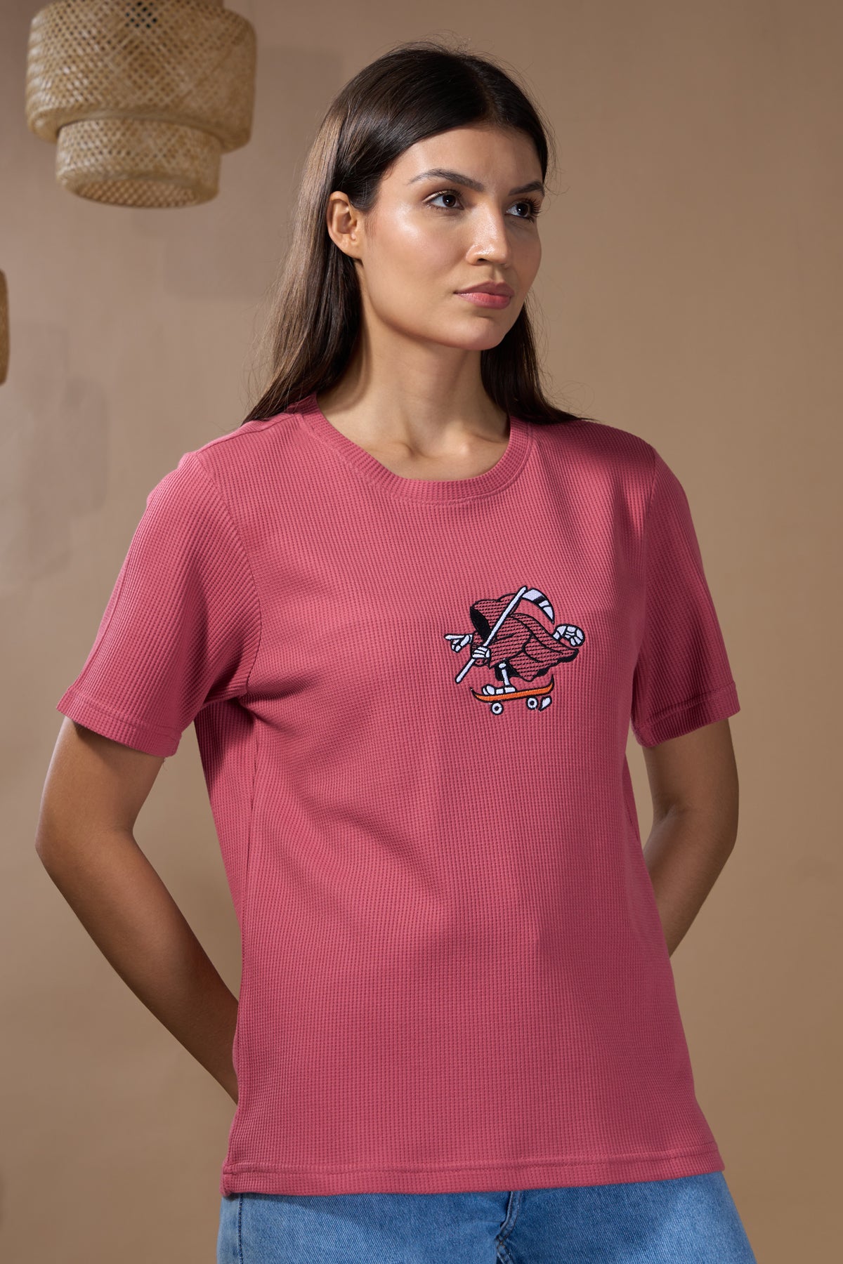 Women Textured Cotton Relaxed  Fit T-Shirt: Primrose