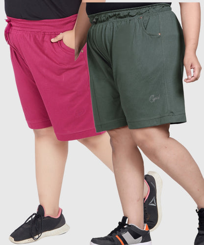 Plus Size Cotton Shorts For Women - Plain Bermuda Combo (Olive Green & Purple)