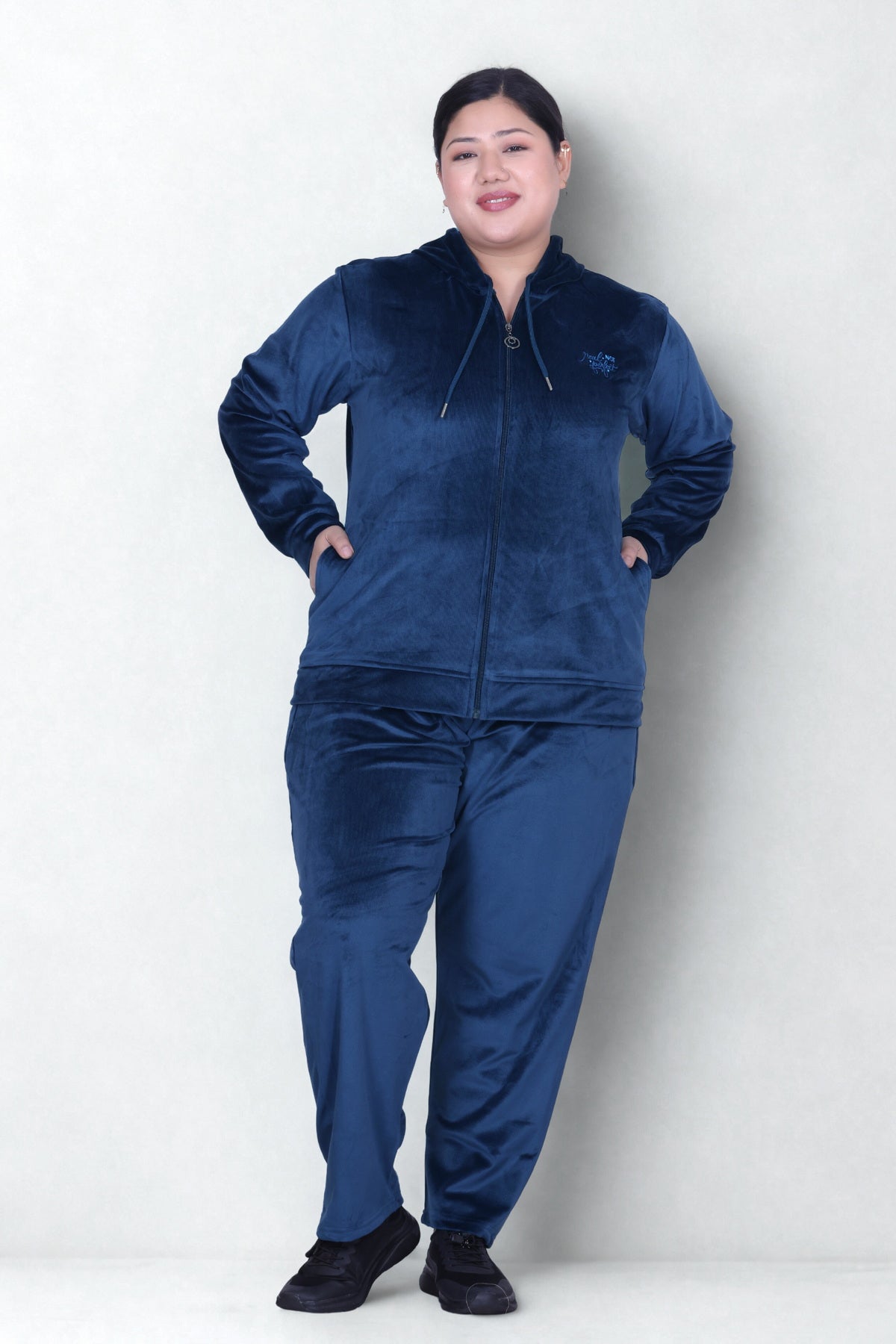 Winter Cotton Velour Tracksuit Set For Woman -Peacock Blue