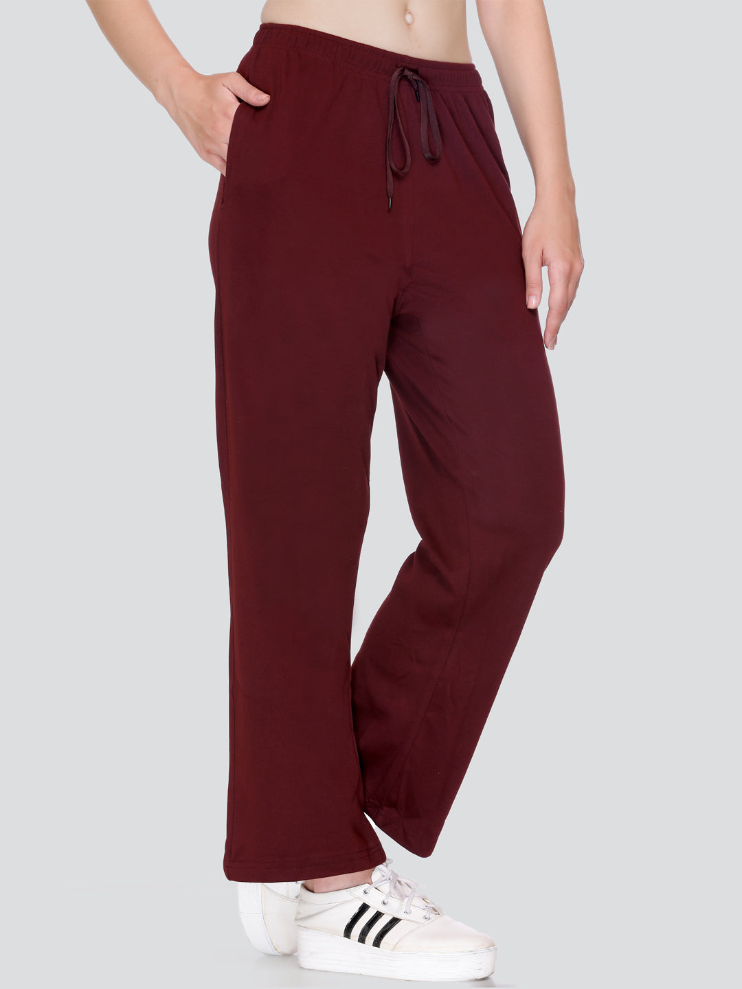 Comfortable High Waist Cotton Flared Pants For Women in Wine online at best prices