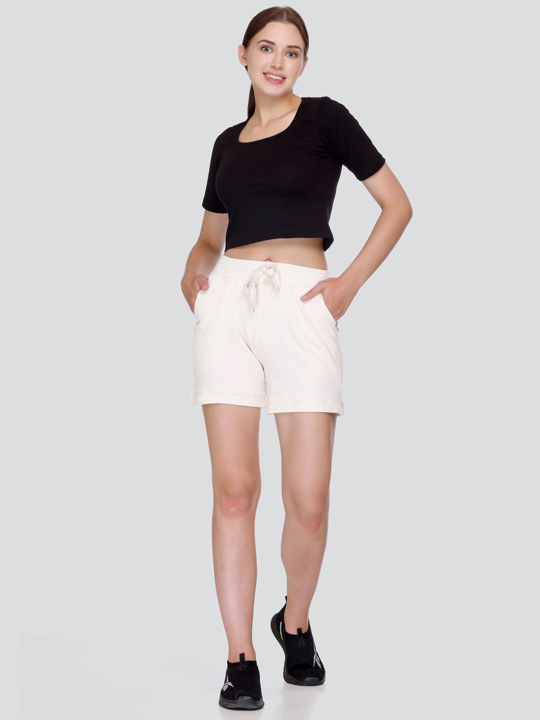 Comfortable Women Cord Knit Shorts In Pearl White Online In India