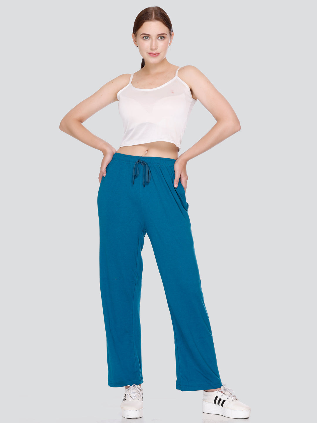 Comfortable High Waist Cotton Flared Pants For Women in Teal Blue online at best prices