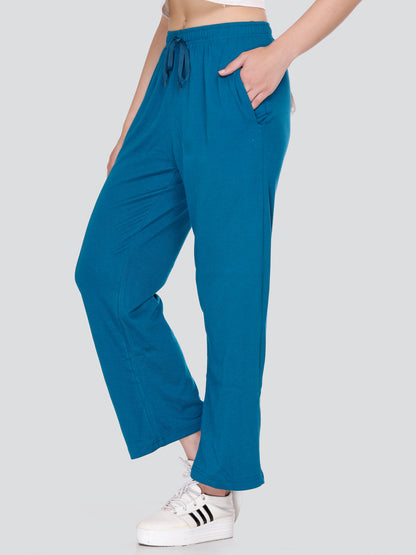 Comfortable High Waist Cotton Flared Pants For Women in Teal Blue online at best prices