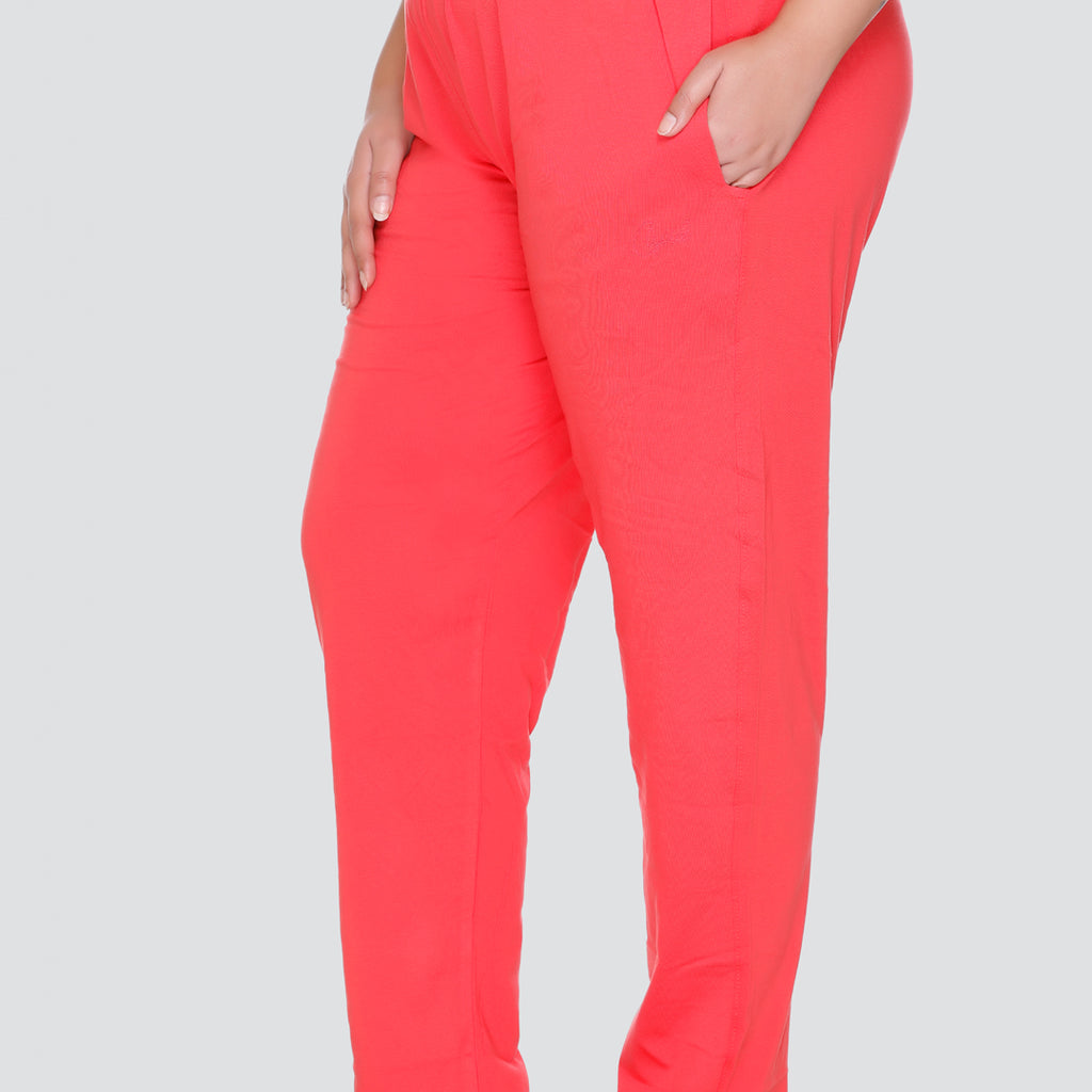 Cotton Track Pants For Women With One Side Zip Pocket - Coral Red