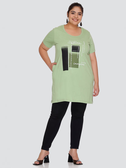 Comfy Green Cotton Plus Size Long T-shirt (Half Sleeves) For Women Online In India