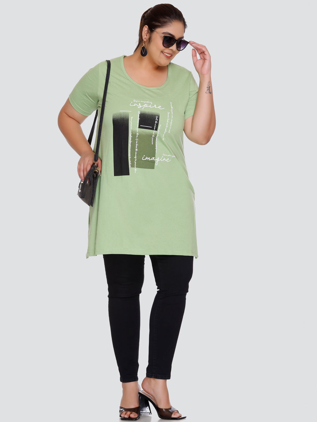 Comfy Green Cotton Plus Size Long T-shirt (Half Sleeves) For Women Online In India