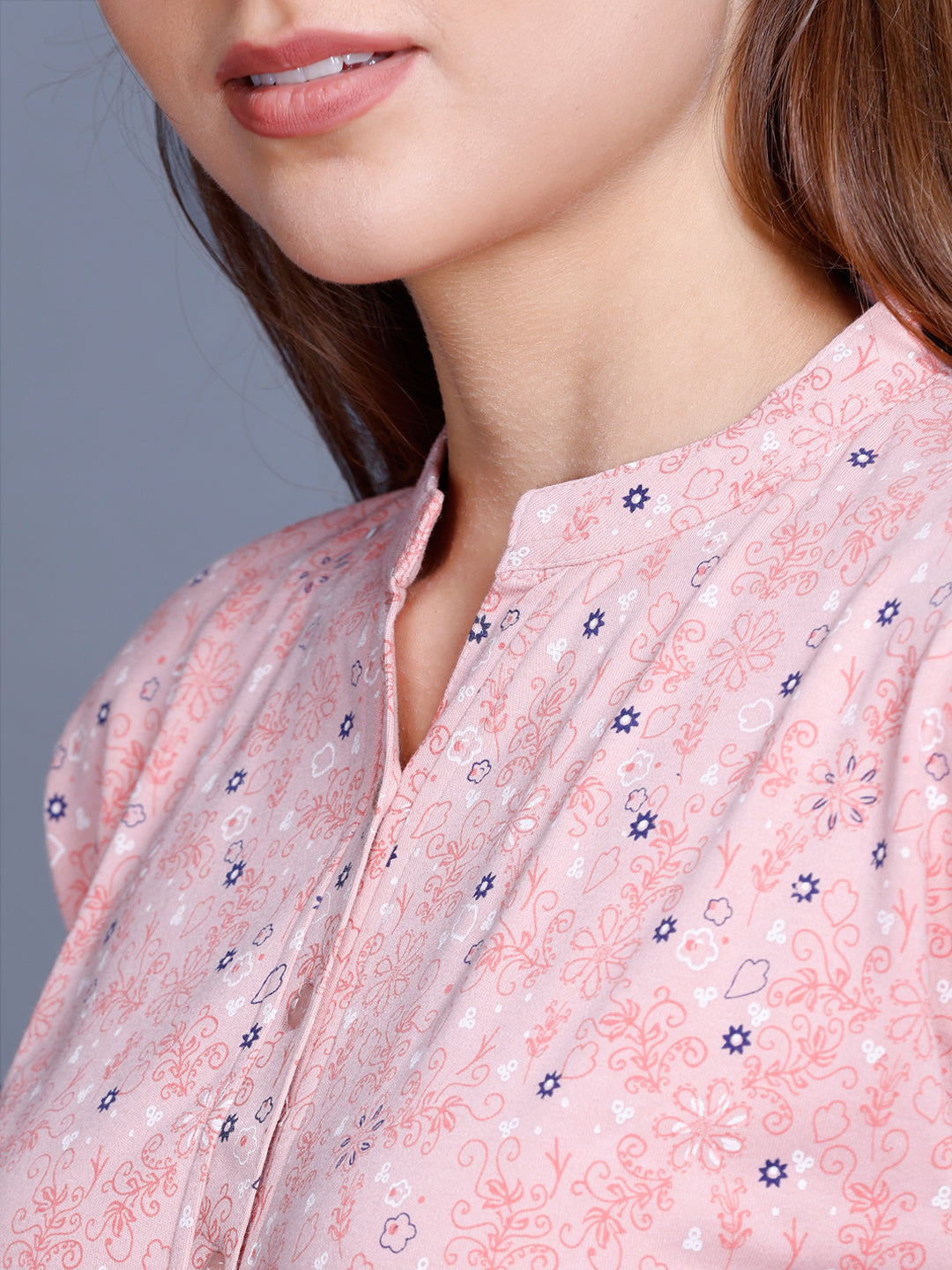 Women Mandarin Collar Printed Cotton Long Top- Salmon