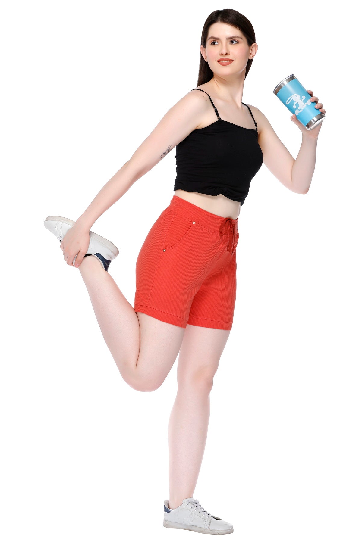 Comfortable Women Cord Knit Shorts In Tangy Orange Online In India