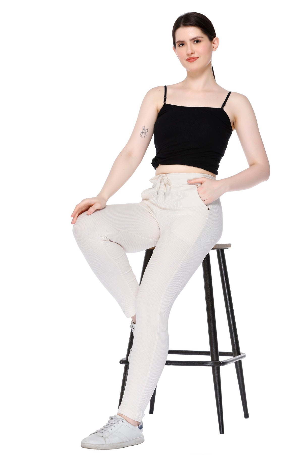 Stretchable Cord Knit Lower For Women - Pearl White