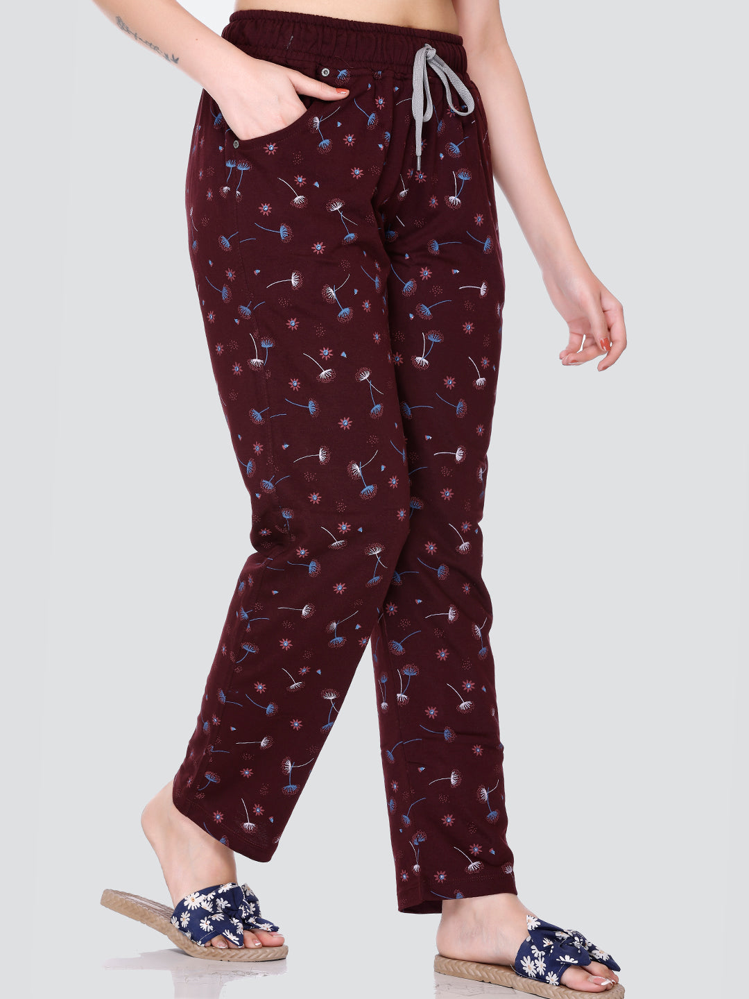Stylish Wine Print Cotton Lounge Pants For Women Online In India