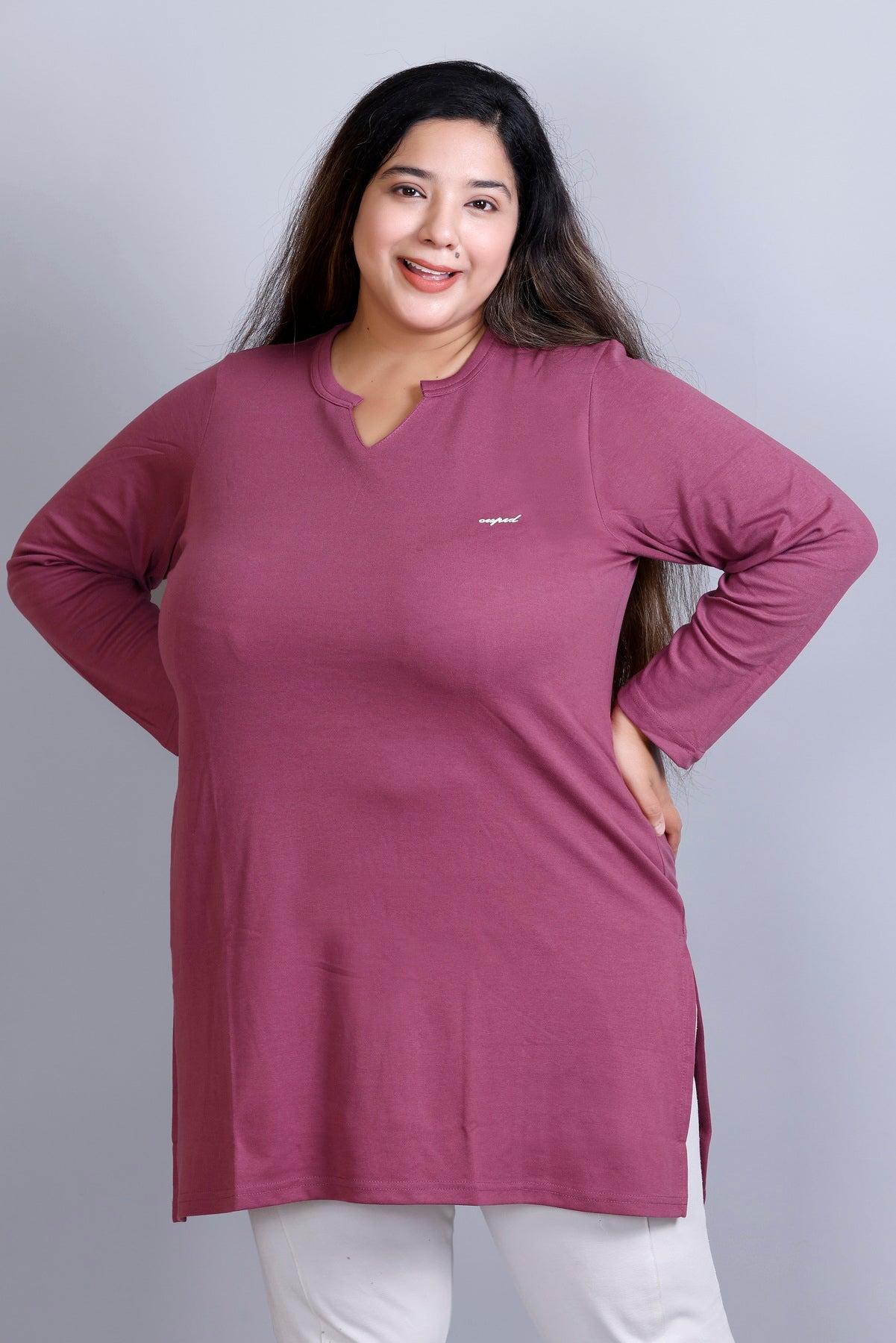 Plus Size Full Sleeves Long Top For Women -Mauve