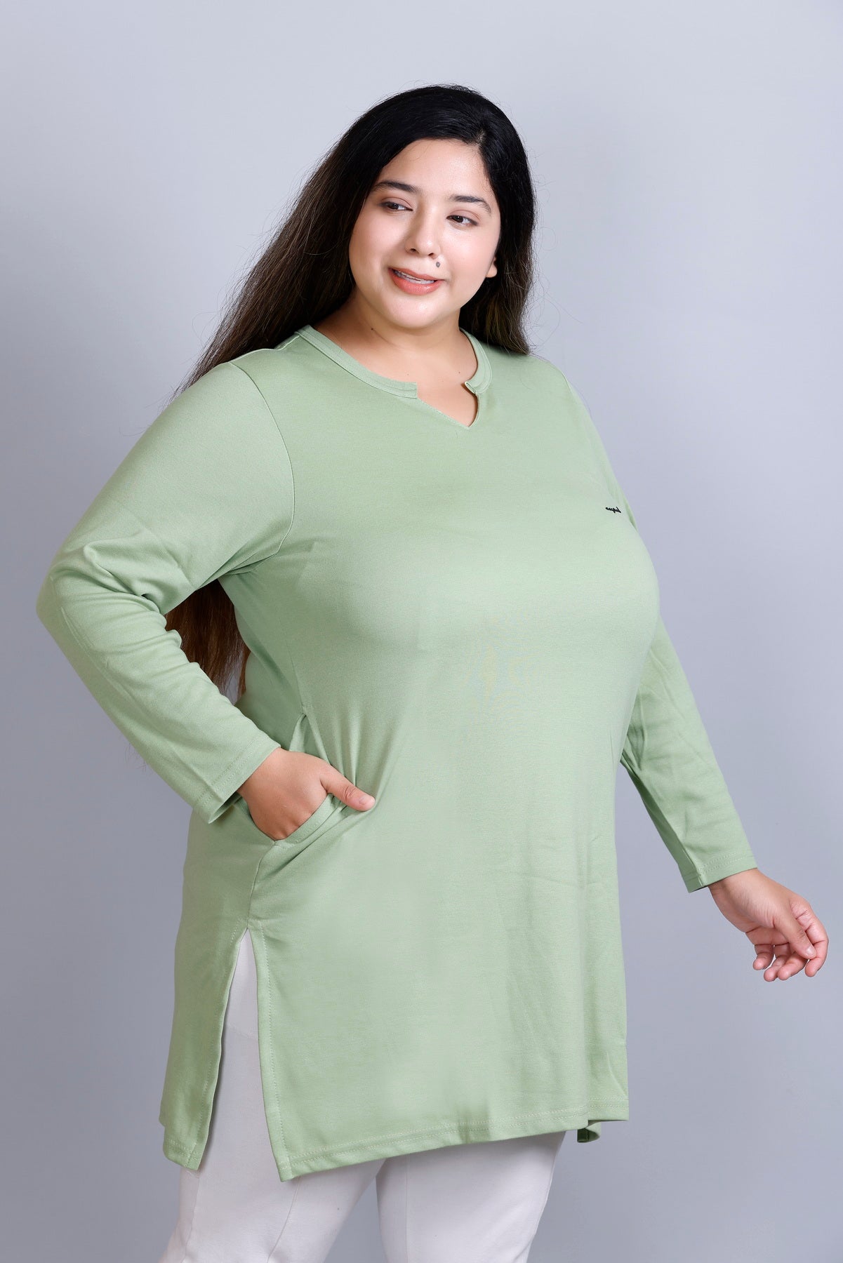 Plus Size Full Sleeves Long Top For Women - Sea Green