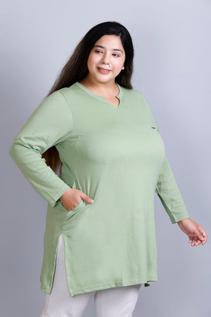 Plus Size Full Sleeves Long Top For Women - Sea Green