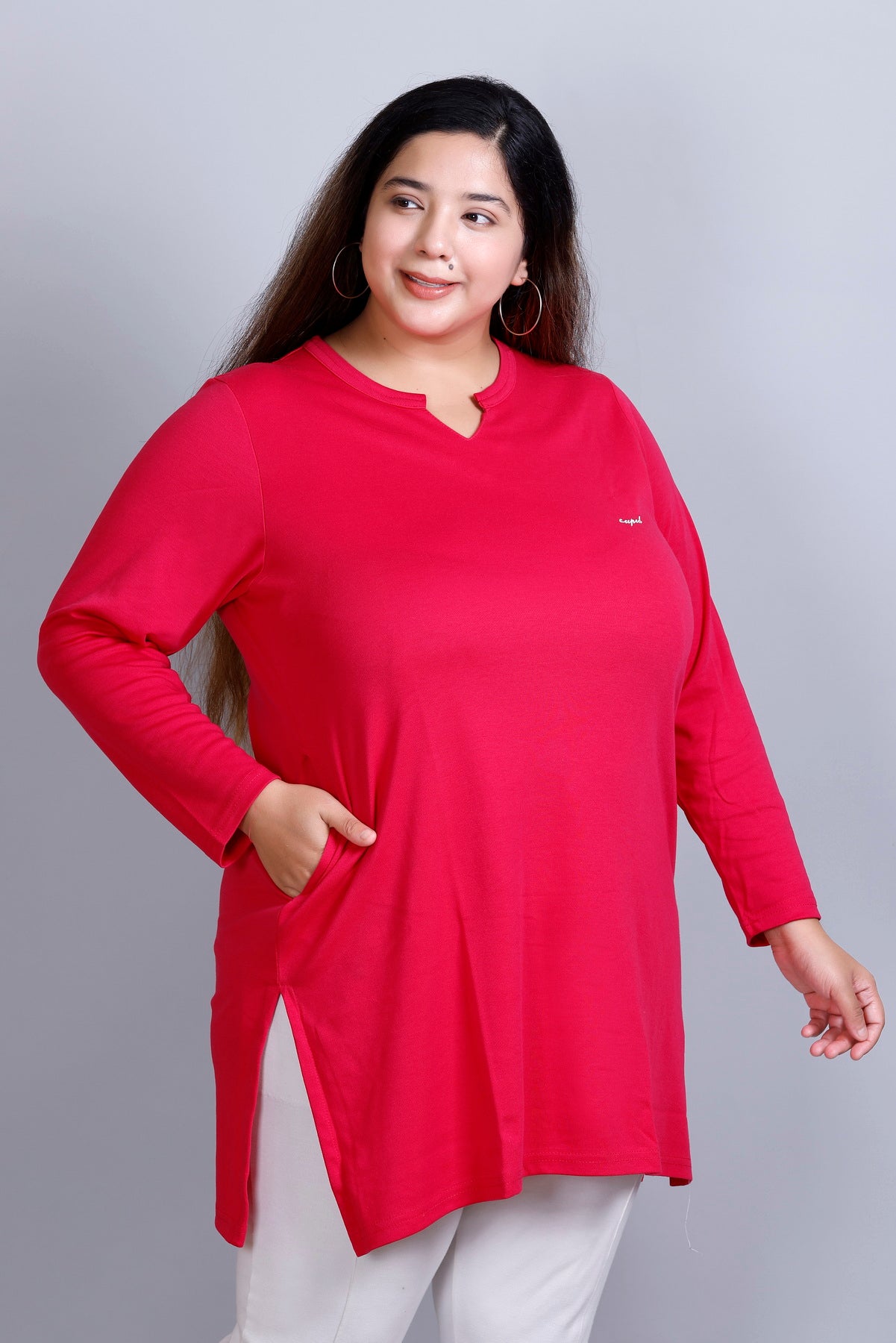 Plus Size Full Sleeves Long Top For Women -Deep Pink