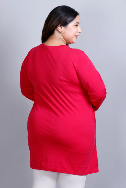 Plus Size Full Sleeves Long Top For Women -Deep Pink