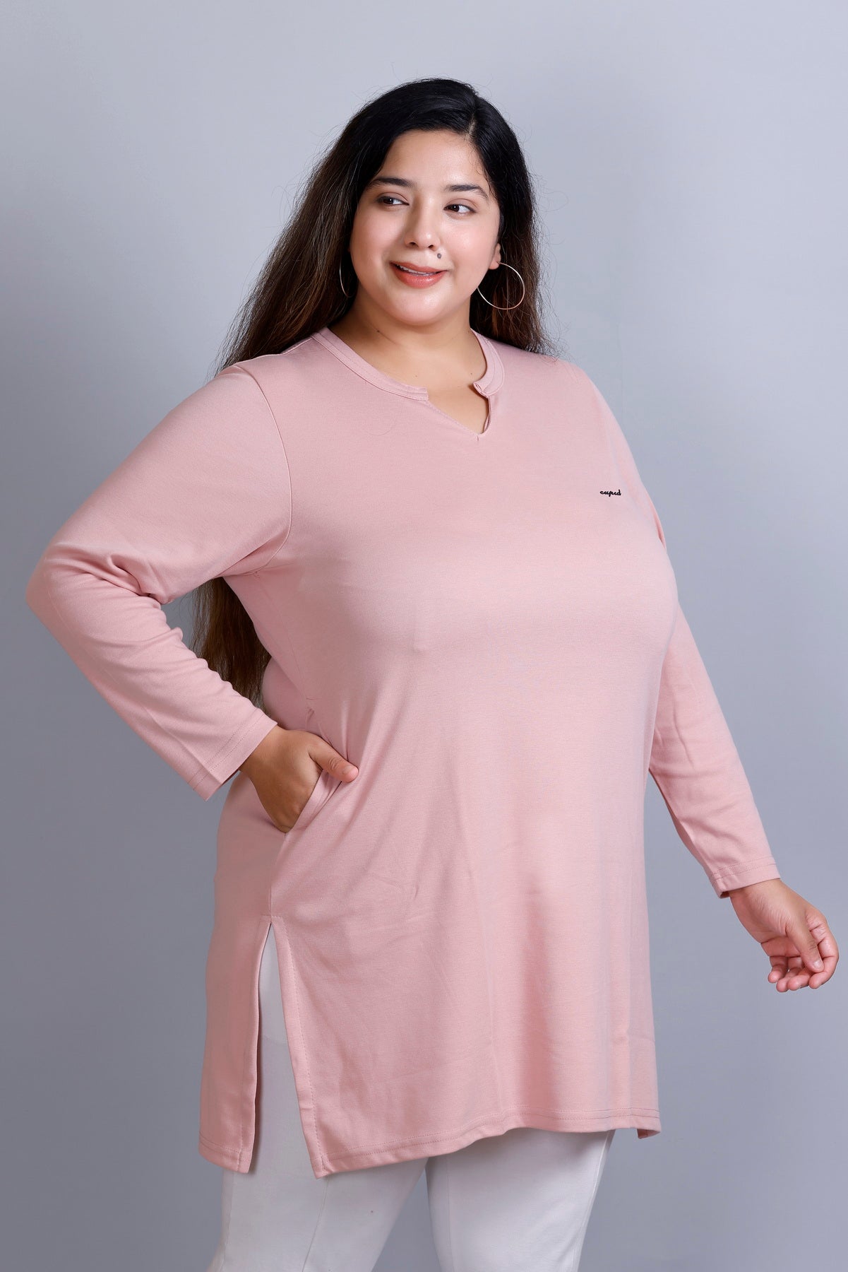 Plus Size Full Sleeves Long Top For Women -Blushing Peach